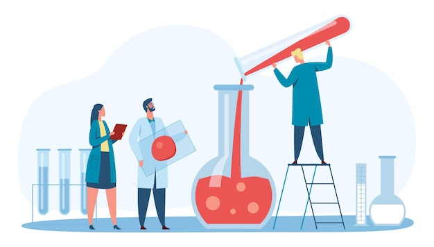 Vector scientists research researcher standing on ladder pouring red liquid from tube to flask blood analysis in laboratory cartoon medical workers in coats with equipment examining sample vector