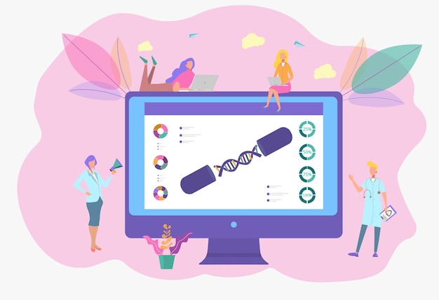 ノートパソコンの拡大鏡でDNAとグラフィックスを研究している科学者バイオテクノロジーのバイオエンジニアリングの概念ヘッダーテンプレート
