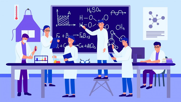 Vector scientists studying and working in chemical laboratory learning class, illustration.