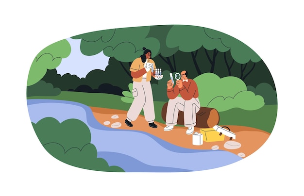Vector scientists take water samples in nature. biologists research, test, study quality, chemical content analysis, aqua impurities, pollution. flat graphic vector illustration isolated on white background.