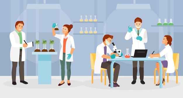 Vector scientists working in the biochemical laboratory. vector illustration