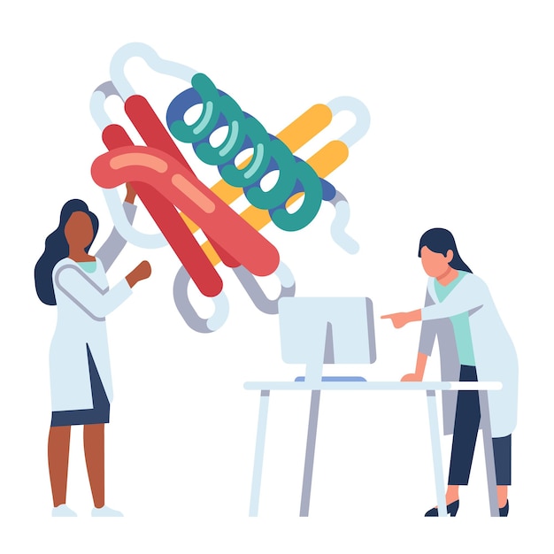 Vector scientists working. chemist experience or new vaccine development. lab researchers conduct chemical scientific experiment. women explore virus molecule in laboratory. medical discovery. vector concept