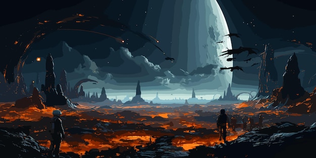 Вектор Научно-фантастическая концепция астронавтов, идущих к заброшенному космическому кораблю на инопланетной планете иллюстрационная картина
