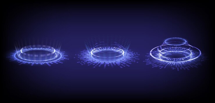 Vector scifi digital hightech collection in glowing hud elements interface hologram portal of science futuristic technology magic warp gate in game fantasy teleport podium of sound wave and music radio