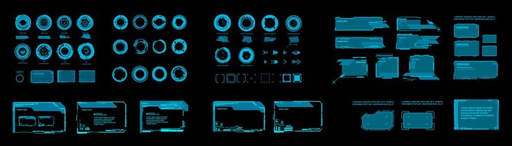 Vector scifi digital interface elements hud for game ui ux kit futuristic user interface frame screens callouts titles fui circle set loading bars lines and arrows in hud style vector collection