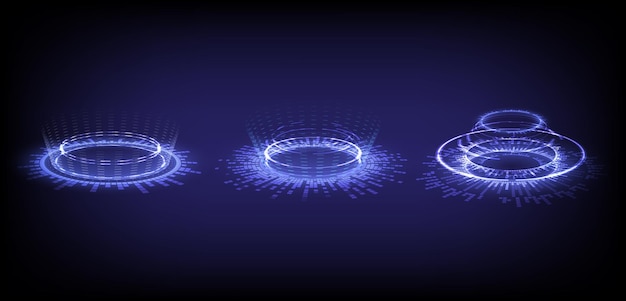 Scifi digitale hightech-collectie in gloeiende hud-elementeninterface hologramportaal van wetenschap futuristische technologie magische warppoort in gamefantasie teleporteer podium van geluidsgolf en muziekradio