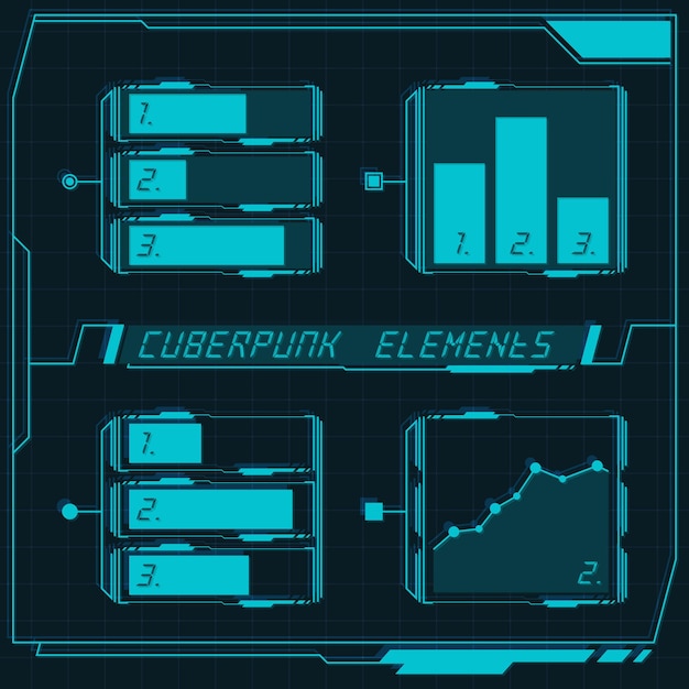 Scifi futuristic control panel collection of HUD elements GUI VR UI design Cyberpunk retro style