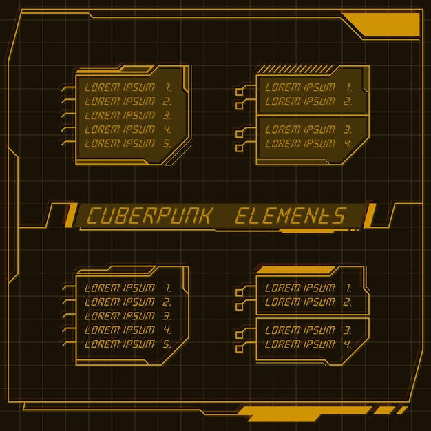 Scifi futuristic control panel collection of HUD elements GUI VR UI design Cyberpunk retro style