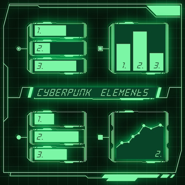 Vector scifi futuristic panel collection of hud elements gui vr ui design cyberpunk neon glow retro style