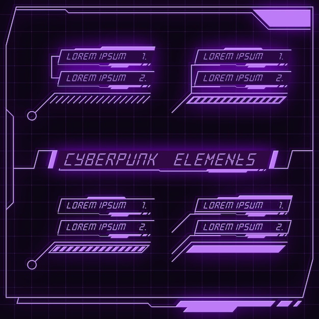 Scifi futuristic panel collection of hud elements gui vr ui design cyberpunk neon glow retro style