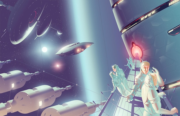 SciFi vector illustration of space tourism on a space colony in double stars system.