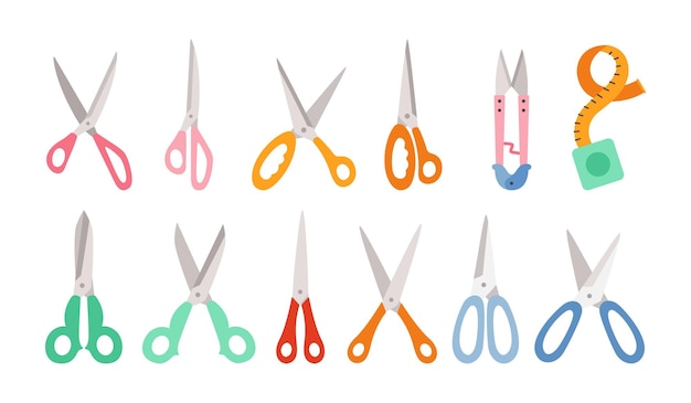 Vector scissor cartoon set, hand drawn professional pair of scissors cutting hair or needlework. craft and scissoring flat creative scissors. open, closed cutting or nippers collection