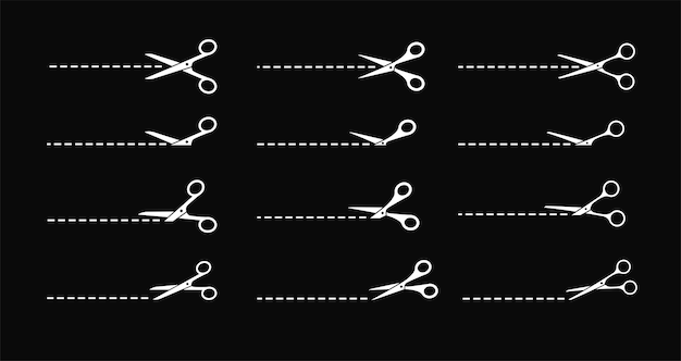 Scissor line icon set Black scissors cut lines on