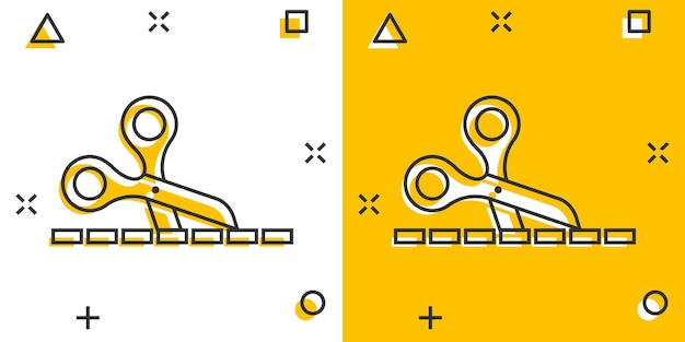 Forbici con icona della linea di taglio in stile fumetto tagliare l'illustrazione del vettore del cartone animato dell'attrezzatura su sfondo bianco isolato concetto di business con effetto splash della taglierina