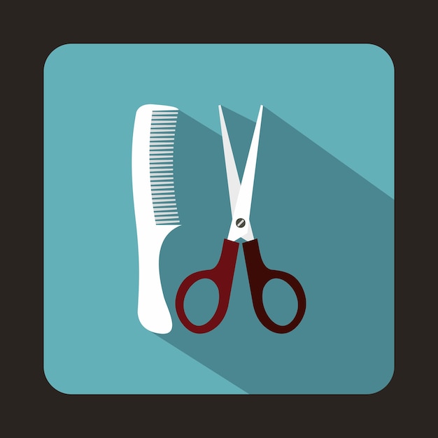 Vector scissors and comb icon in flat style with long shadow tools for hairdresser symbol