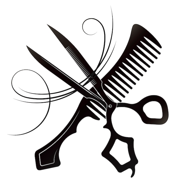 Vector scissors and comb with curl of hair