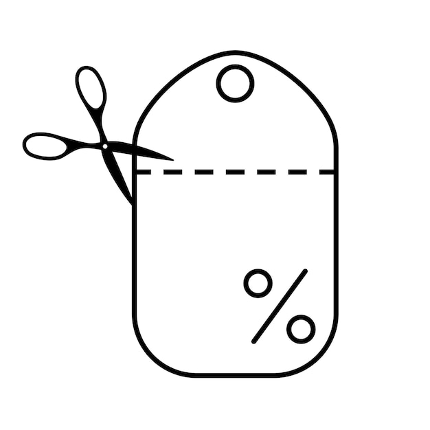Ножницы разрезают купон на скидку изолированный значок Черный маркетинговый инструмент сокращает линию рекламной этикетки