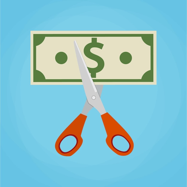 Vector scissors cutting money bill vector illustration in flat design on green background reducing cost concept