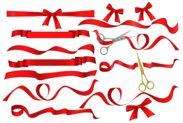 Scissors cutting red silk ribbon set