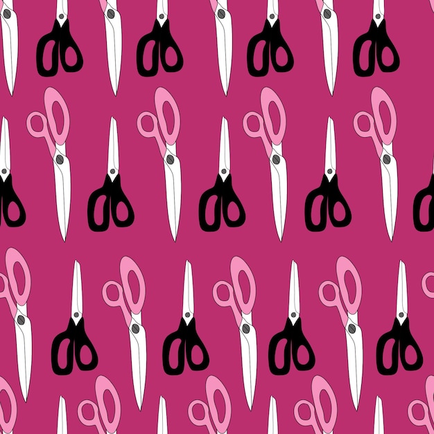 Scissors of different shapes and sizes seamless pattern Sewing tools on pink background Vector print