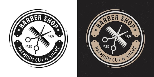 Scissors and hair comb vector two style black and colored vintage round badge, emblem, label or logo for barbershop on white and dark background