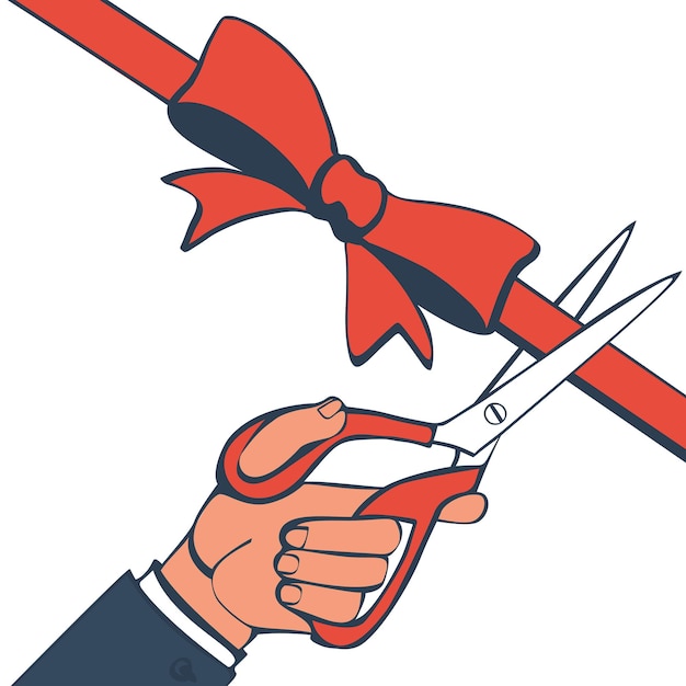 Vector scissors in hands of man cut red ribbon vector