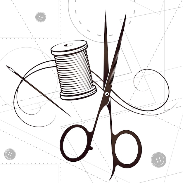 Scissors and needle with thread silhouette