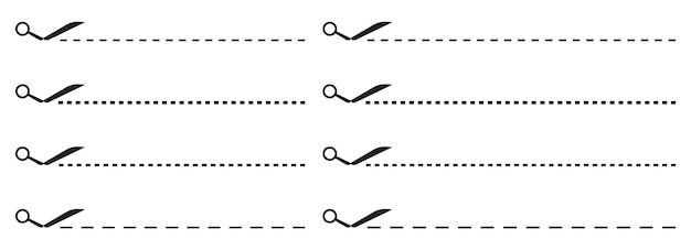 Vettore collezione di illustrazioni vettoriali di forbici con linee tratteggiate tagliate