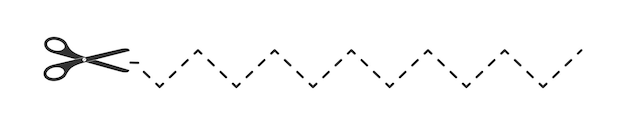 지그재그 점선이 있는 가위. 할인, 쿠폰, 바우처, 라벨, 종이 페이지에 대한 그림을 여기에서 잘라냅니다.