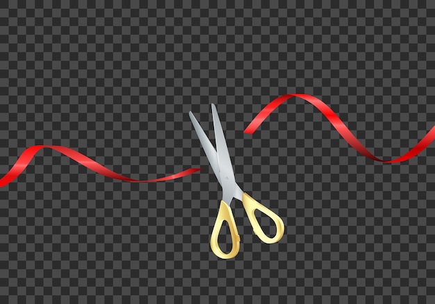 Scissors with golden handles cut red silk ribbon. grand opening ceremony. start celebration. vector realistic illustration isolated on transparent background