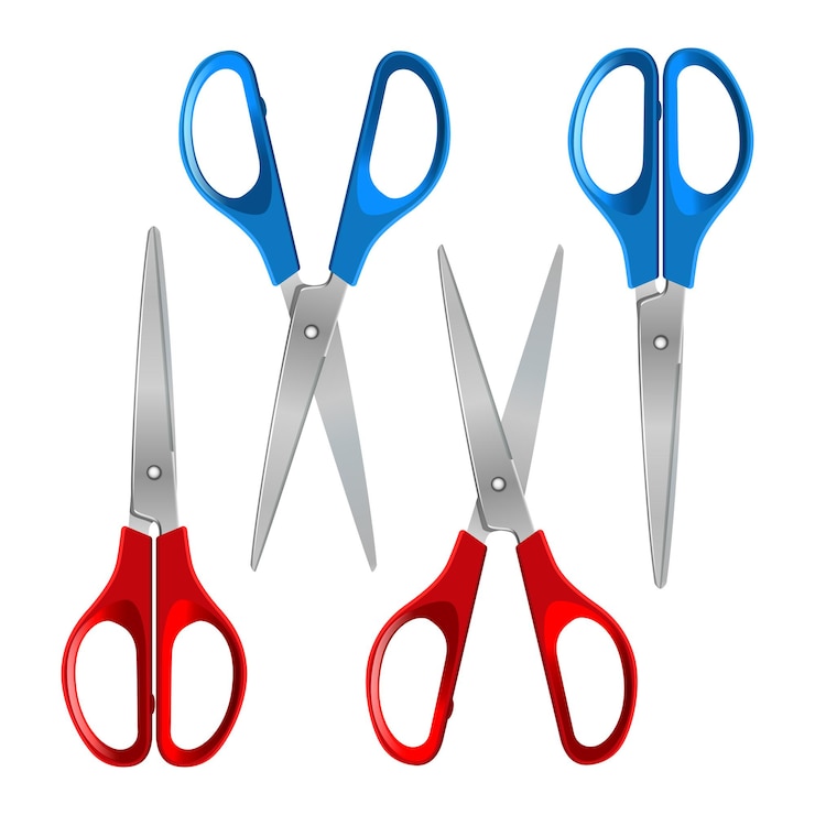 Vector scissors with red and blue plastic handles, open and closed, isolated on a white background. vector illustration