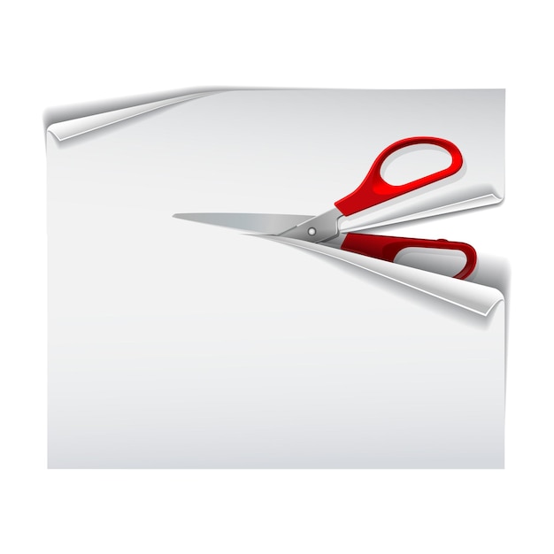 Scissors with red plastic handles cutting white paper sheet