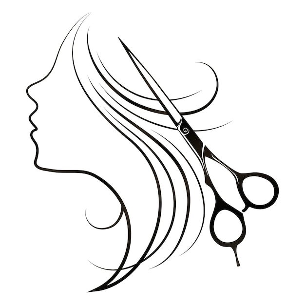 Scissors and woman face silhouette with curls of hair beauty salon and hair salon symbol