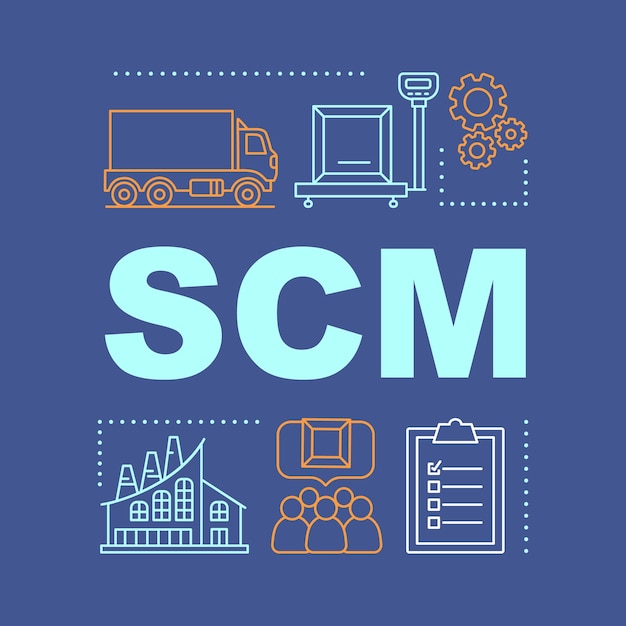 Scm word concepts banner manufacturing supply chain management production process isolated lettering typography idea distribution and logistics consumerism vector outline illustration