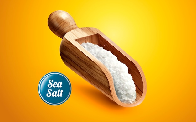 Vector a scoop of sea salt in wooden container, isolated on yellow background