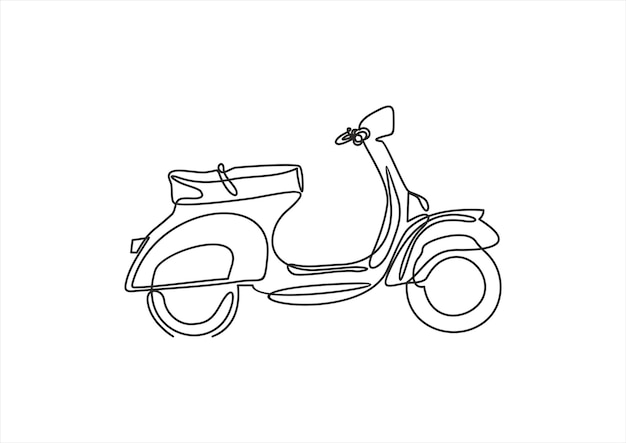 벡터 스쿠터 오토바이 - 흰색 배경에 격리된 미니멀한 디자인의 연속 선 그리기.