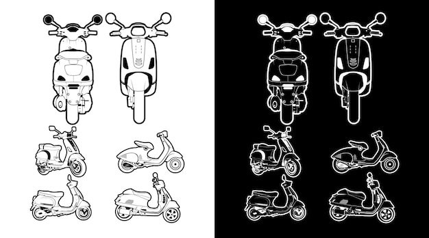 Disegno dell'illustrazione vettoriale del fascio di raccolta di icone dettagliate del veicolo di profilo dello scooter