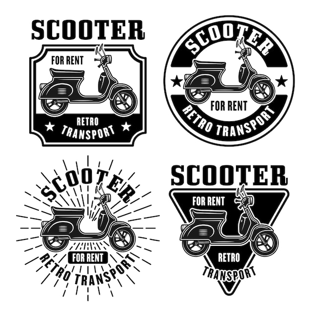 Scooter in affitto set di emblemi vettoriali loghi distintivi o etichette in stile vintage monocromatico isolati su sfondo bianco