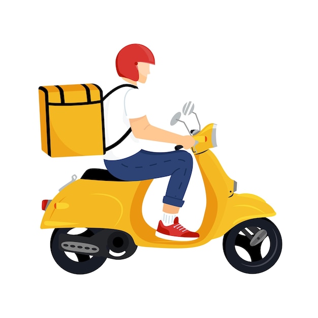 Scooter with delivery man flat vector cartoon character Fast courier Webpage app design Isolated