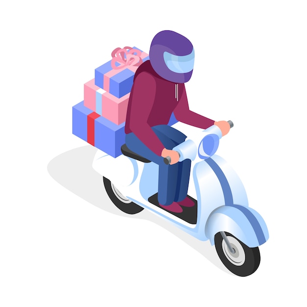 Scooterbestuurder met geschenken isometrische illustratie