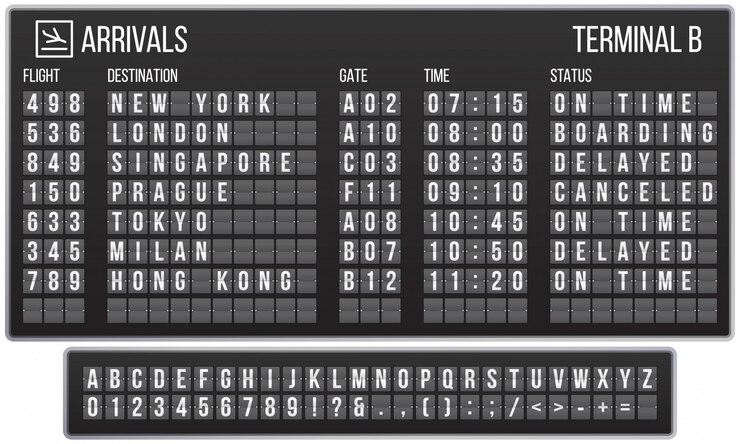 Vector scoreboard flip font. arrival airport signs board, railroad arrivals and departures scoreboards letters realistic  set