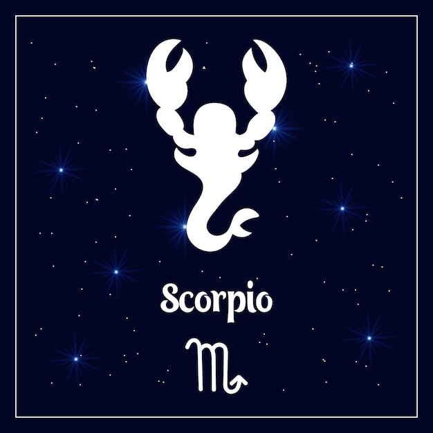 Vettore segno zodiacale scorpione dell'oroscopo zodiacale sul cielo notturno con stelle scintillanti.