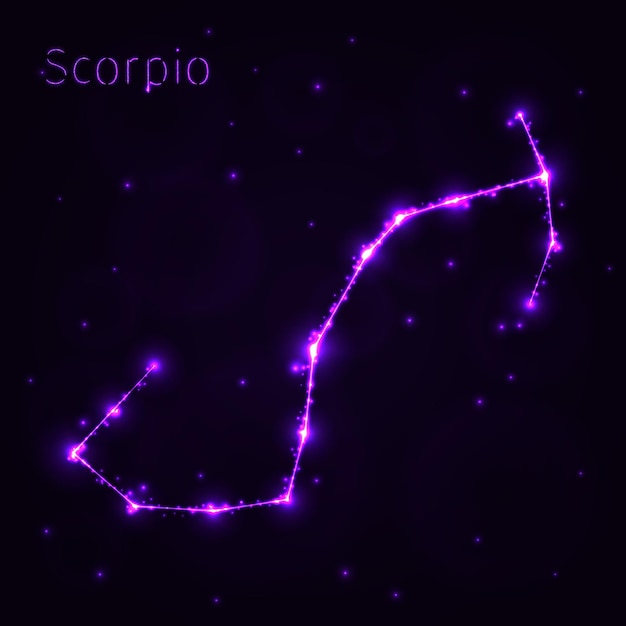 Иллюстрация иконы Скорпиона Светлый силуэт на темном фоне Светящиеся линии и точки