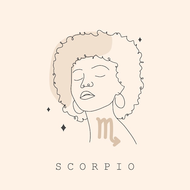 Segno zodiacale scorpione disegno di una linea icona astrologica con volto di donna astratto