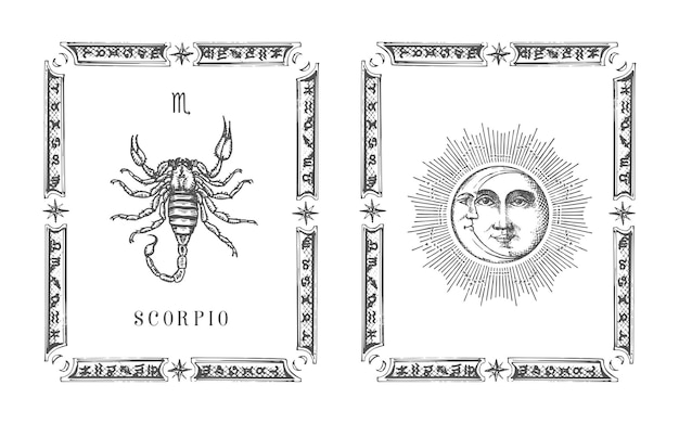 Scorpio zodiac symbol in frame, horoscope card.