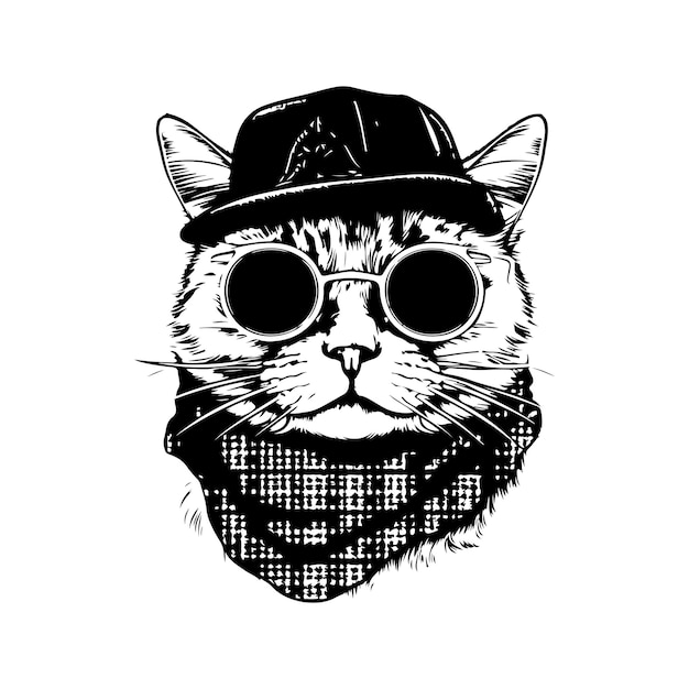 Vettore gatto scozzese che indossa occhiali da sole e sciarpa vintage logo line art concept colore bianco e nero illustrazione disegnata a mano