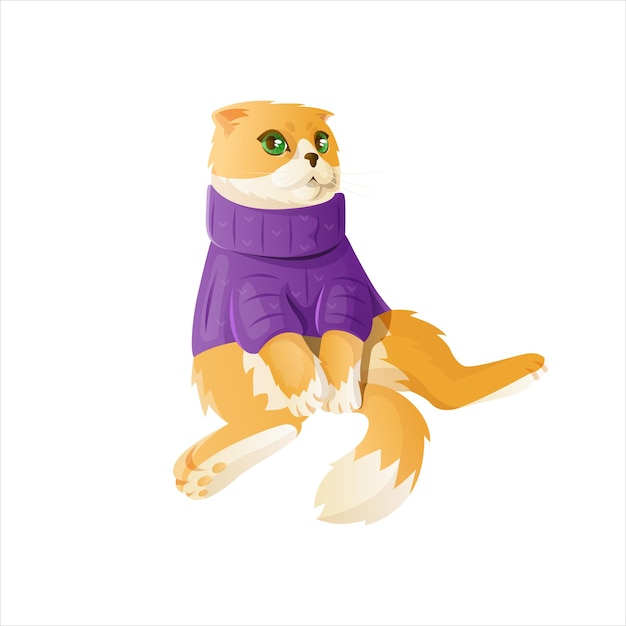 Шотландская вислоухая кошка в вязаном фиолетовом свитере