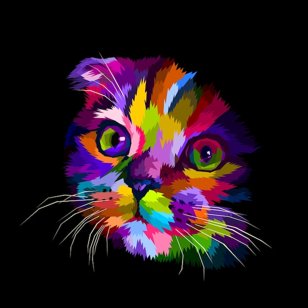 Vector scottish fold cat's head is colorful in the dark