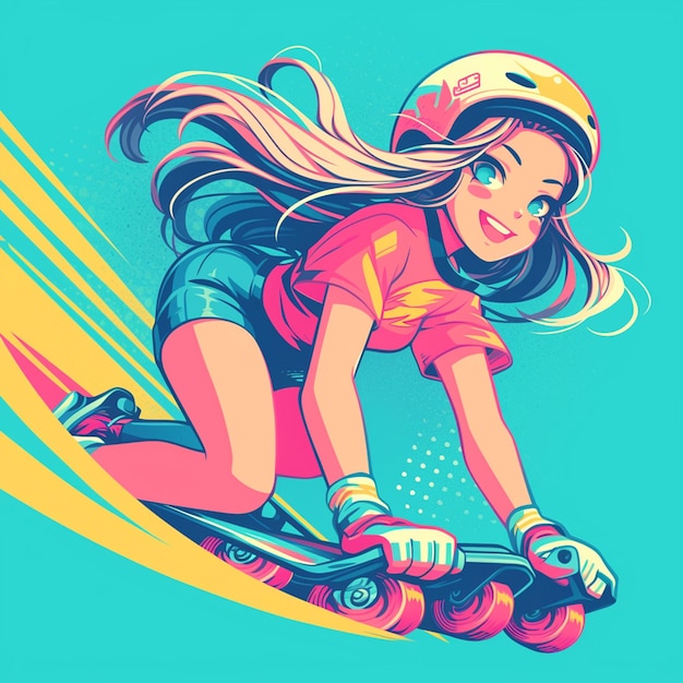 Vector a scottsdale girl goes roller skiing in cartoon style