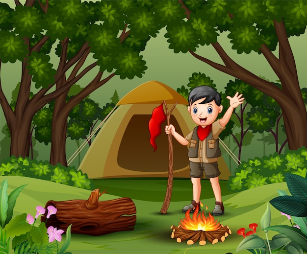 Vettore ragazzo scout che si accampa nella foresta